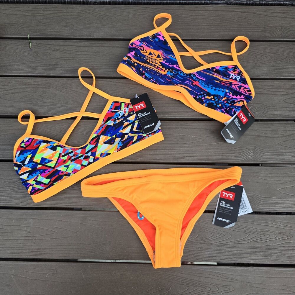 TYR Women's Orange Mix & Match Trinityfit Tops  & Solid Bikini Sz S New
